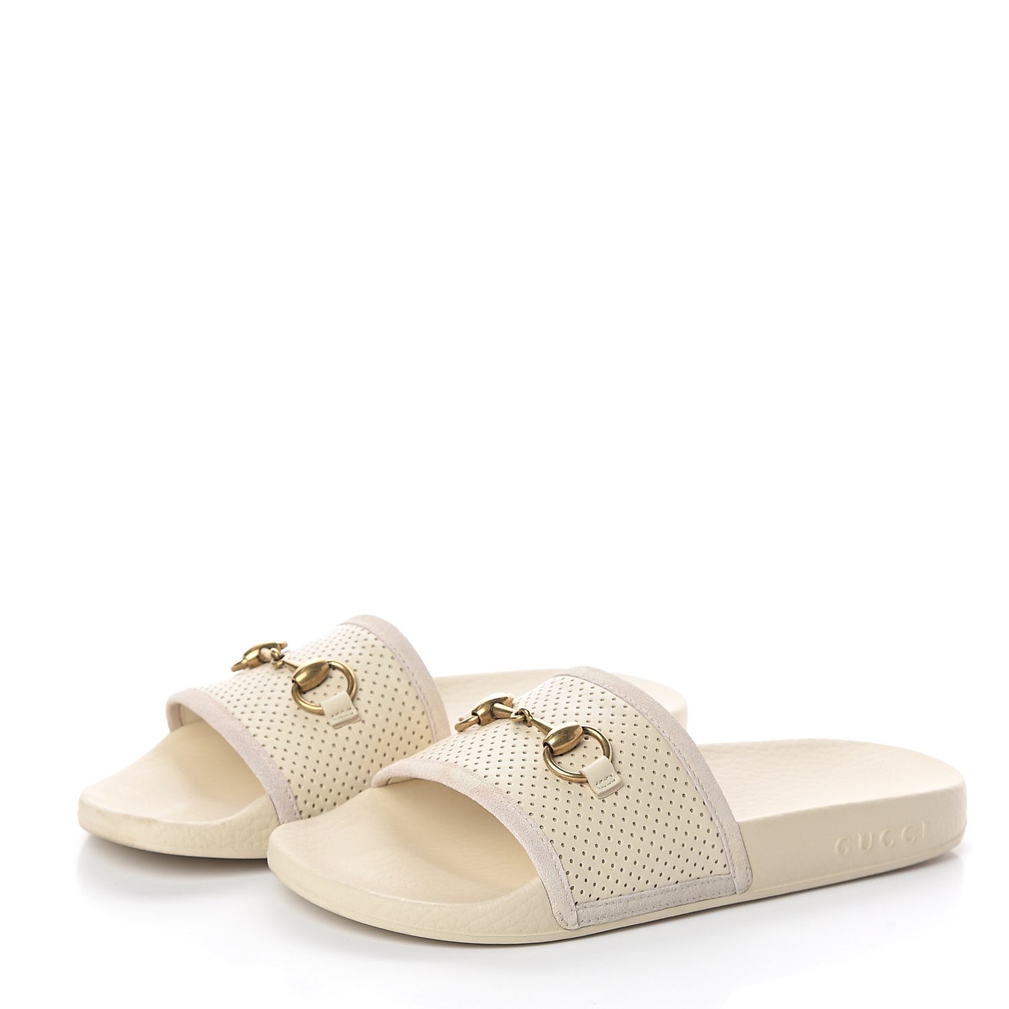 Suede Perforated Horsebit Slide Sandals 36 Ivory