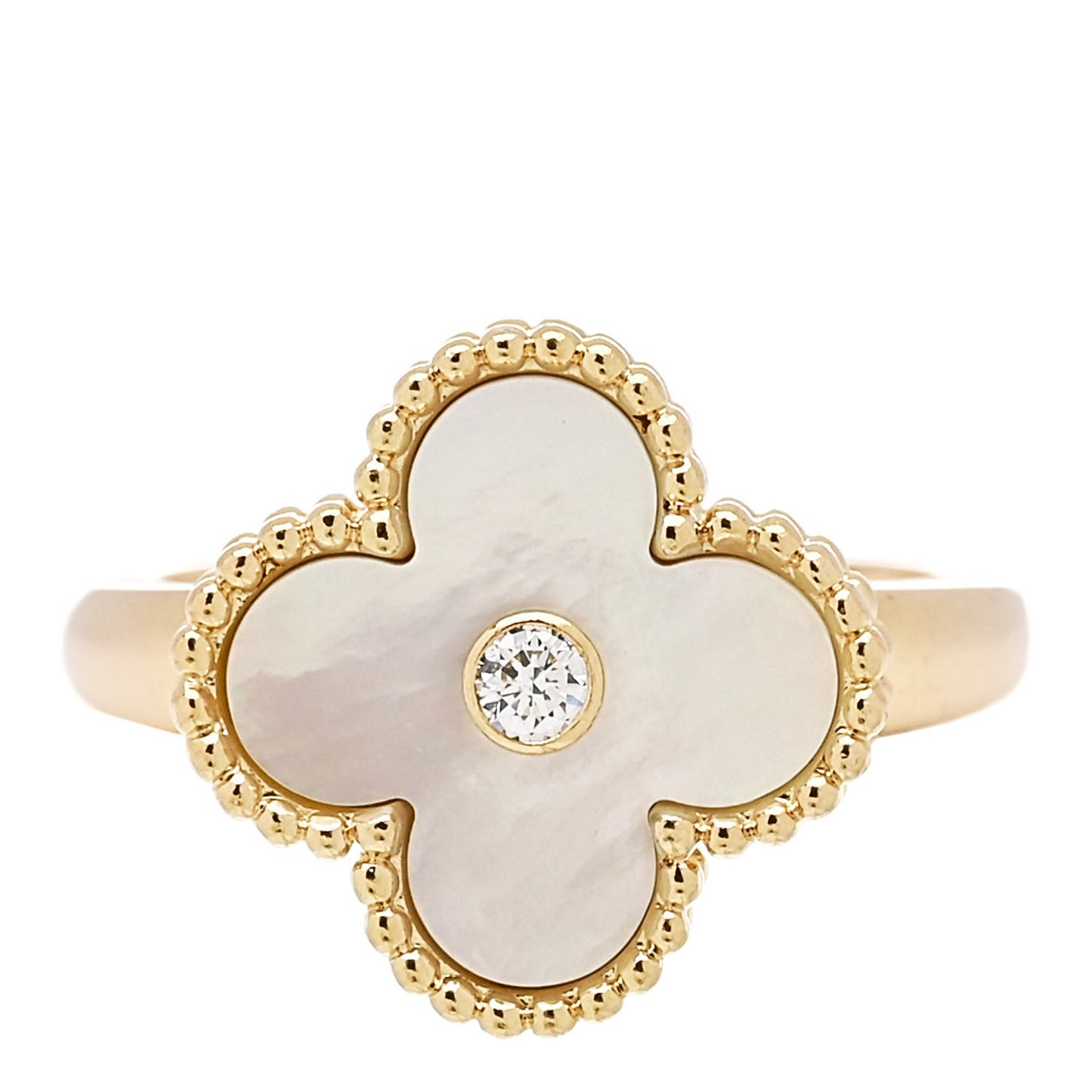 18K Yellow Gold Diamond Mother of Pearl Vintage Alhambra Ring 53 6.5