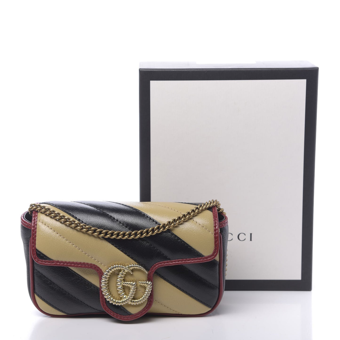 Vintage Effect Calfskin Matelasse Diagonal Striped Super Mini Torchon GG Marmont Shoulder Bag Black Beige