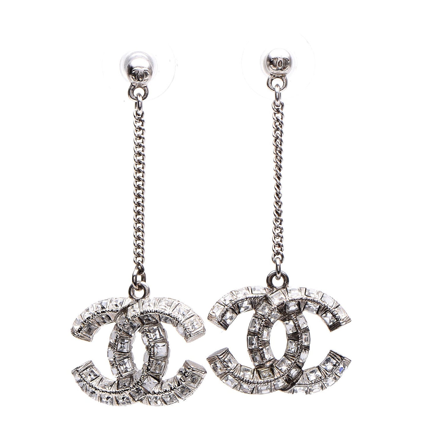 Baguette Crystal CC Drop Earrings Silver