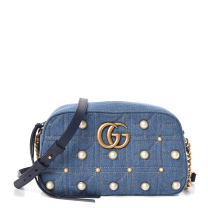 Gucci Denim Matelasse Pearl Studded Small GG Marmont Chain Shoulder Bag Blue 1 of 9