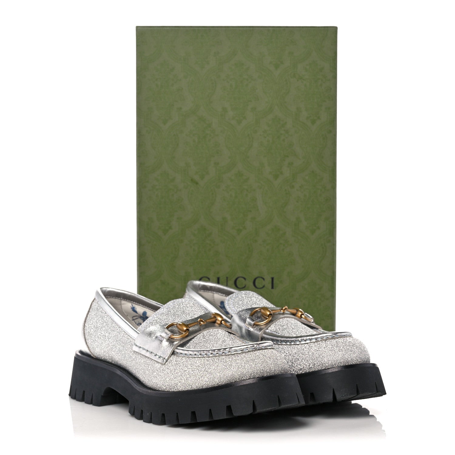 Gucci Mini Diamond Storm Silk Calfskin Womens Harald Horsebit 25mm Platform Loafers 40 Silver 10 of 10