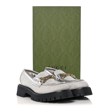 Gucci Mini Diamond Storm Silk Calfskin Womens Harald Horsebit 25mm Platform Loafers 40 Silver 10 of 10