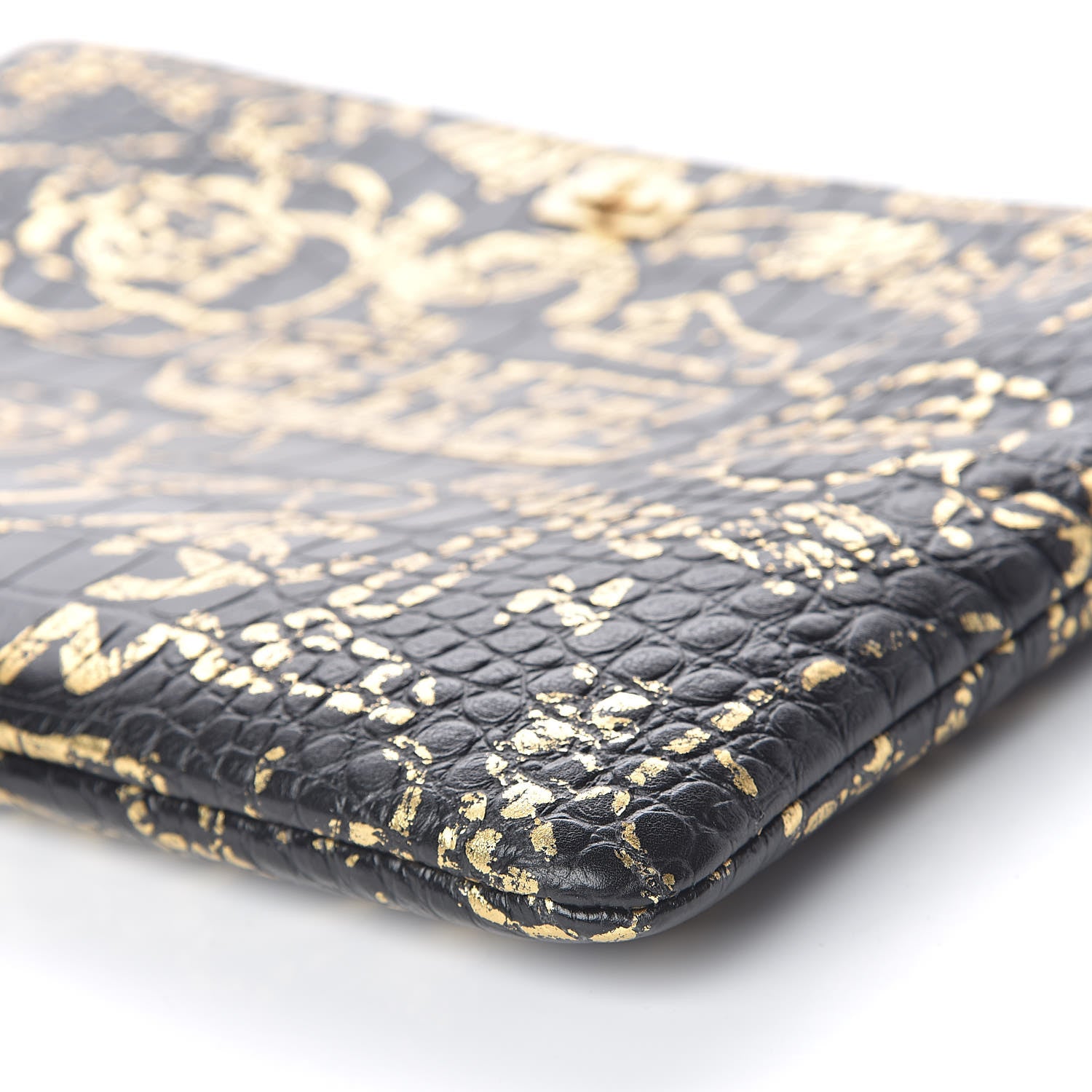 Chanel Calfskin Crocodile Embossed Graffiti 2.55 Large Cocodile Reissue Cosmetic Case Black Gold 9 of 11
