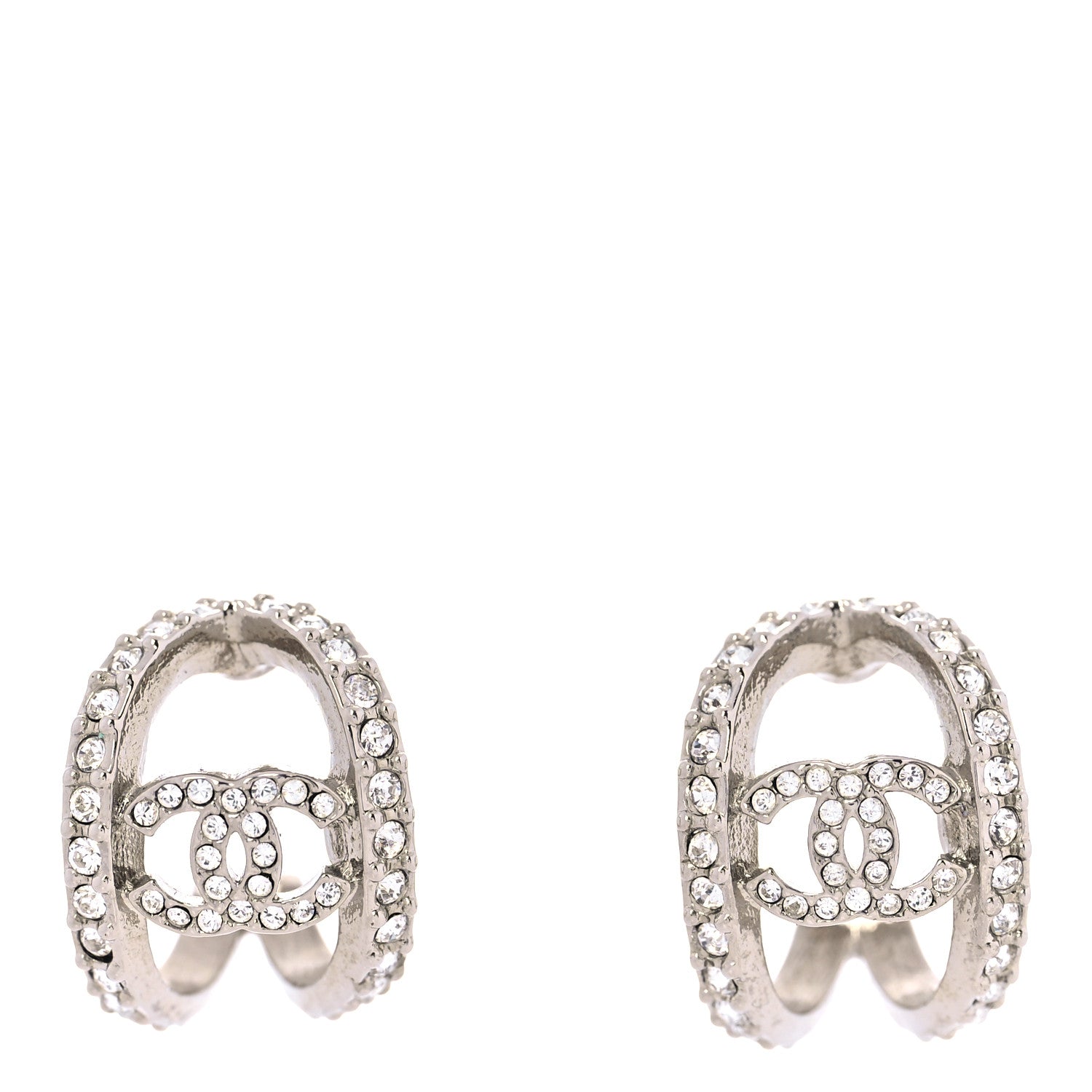 Chanel Crystal CC Hoop Earrings Silver 1 of 5