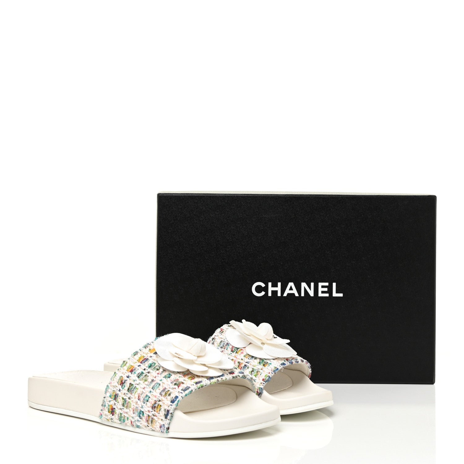Chanel Tweed Grosgrain Camellia CC Flat Mules 41 Ecru Green Ivory 13 of 13
