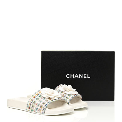 Chanel Tweed Grosgrain Camellia CC Flat Mules 41 Ecru Green Ivory 13 of 13