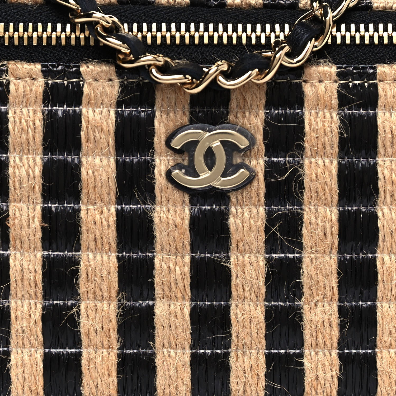 Chanel Raffia Jute Striped Small Vanity Case With Chain Black Beige 8 of 13