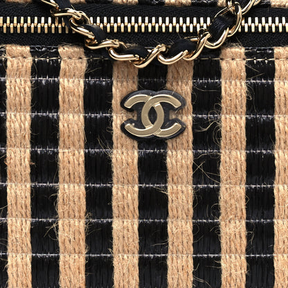 Chanel Raffia Jute Striped Small Vanity Case With Chain Black Beige 8 of 13