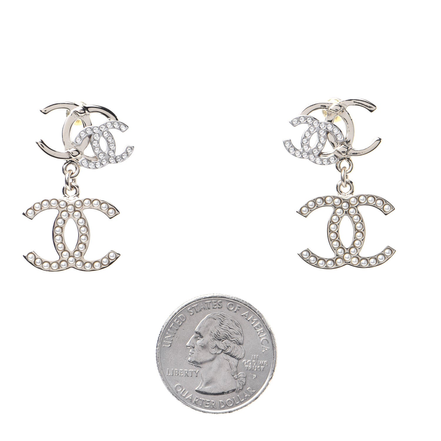 Chanel Crystal Pearl Double CC Drop Earrings Gold Silver 2 of 7