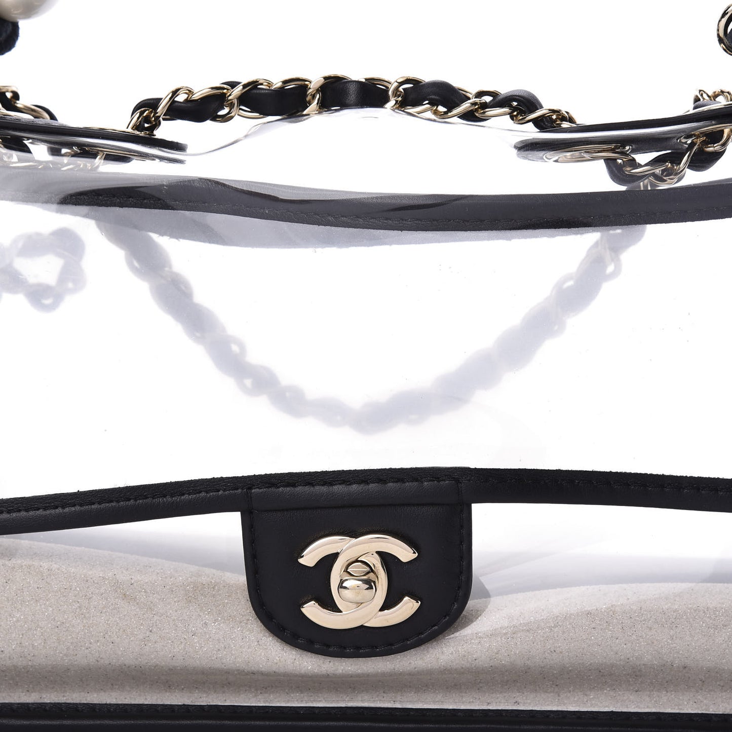 Lambskin PVC Sand By The Sea Flap With Pearl Strap Black
