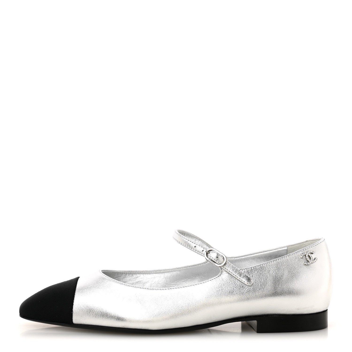 Chanel Laminated Calfskin Grosgrain Mary Janes Flats 40 Silver Black 1 of 9