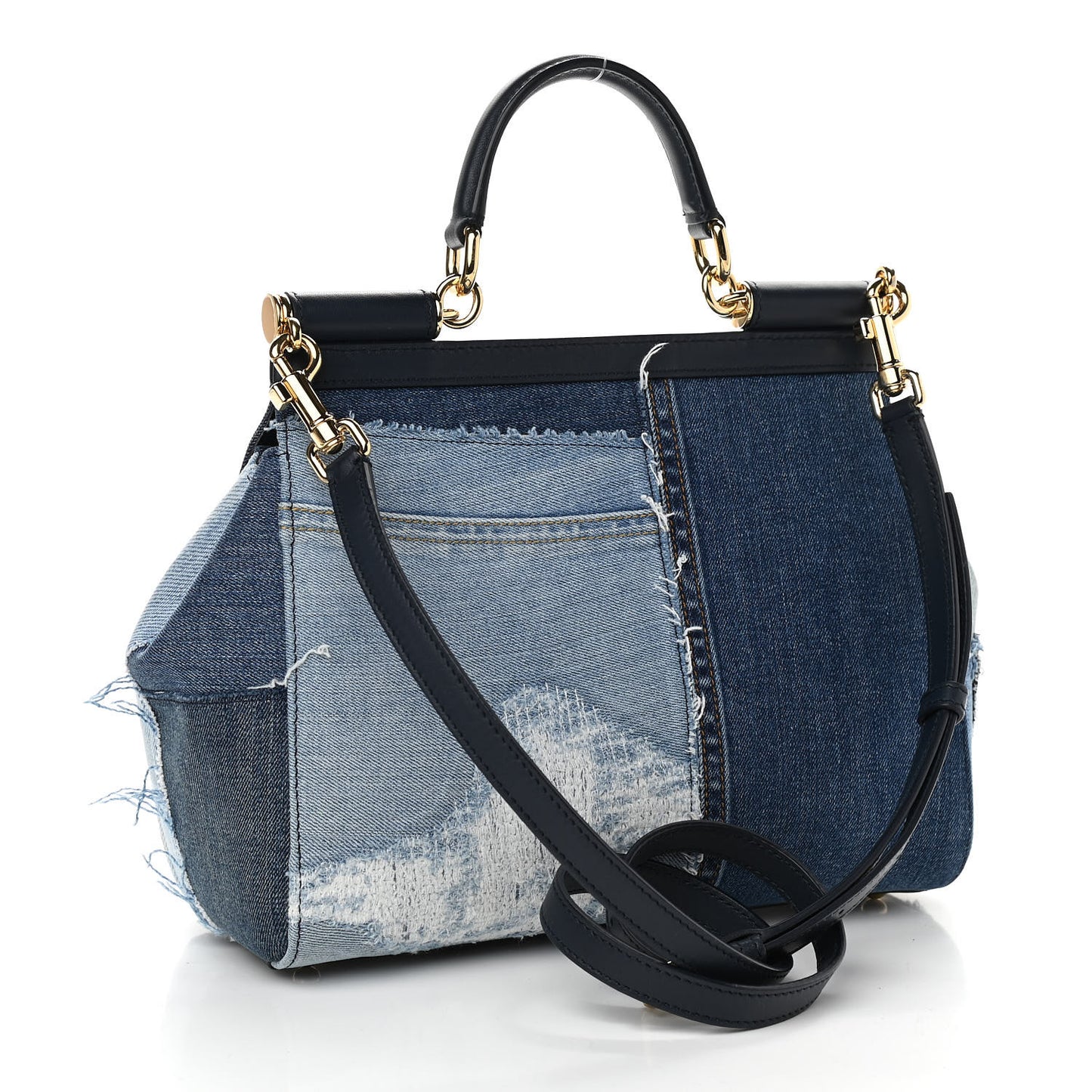 Calfskin Denim Patchwork Medium Miss Sicily Satchel Blue