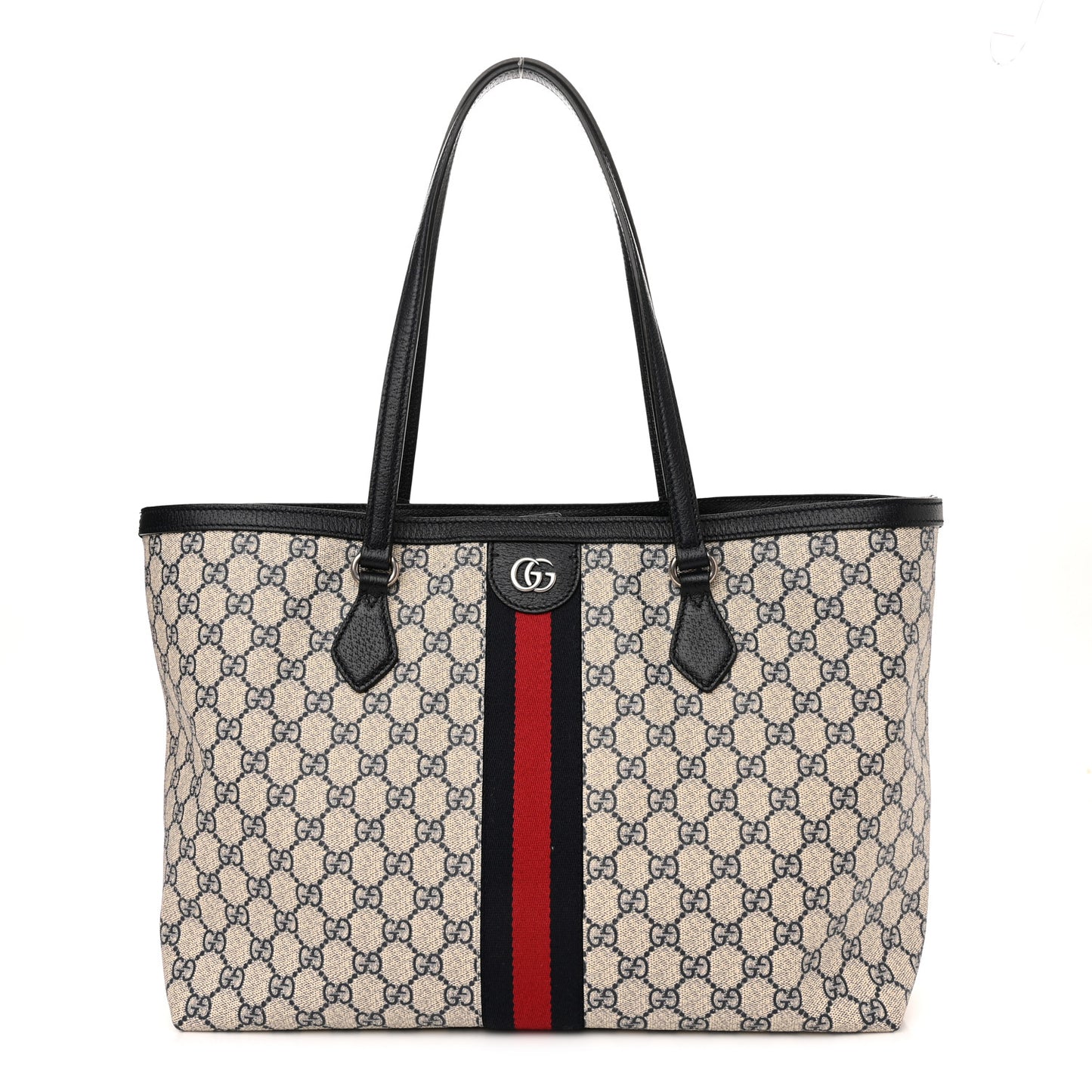 GG Supreme Monogram Textured Calfskin Web Medium Ophidia Shopping Tote Beige Blue