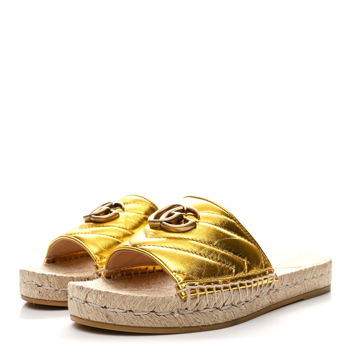 Metallic Nappa Matelasse GG Marmont Espadrille Slide Sandals 37 Oro