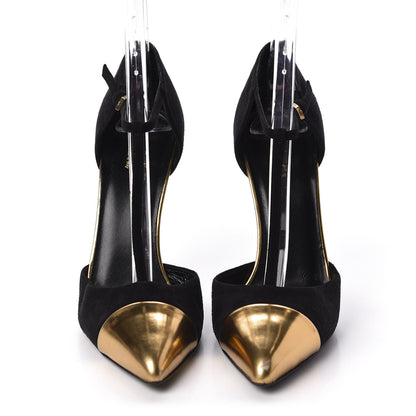Gucci Suede Metallic Cap Toe T-Strap Coline Pumps 38.5 Black Gold 2 of 7