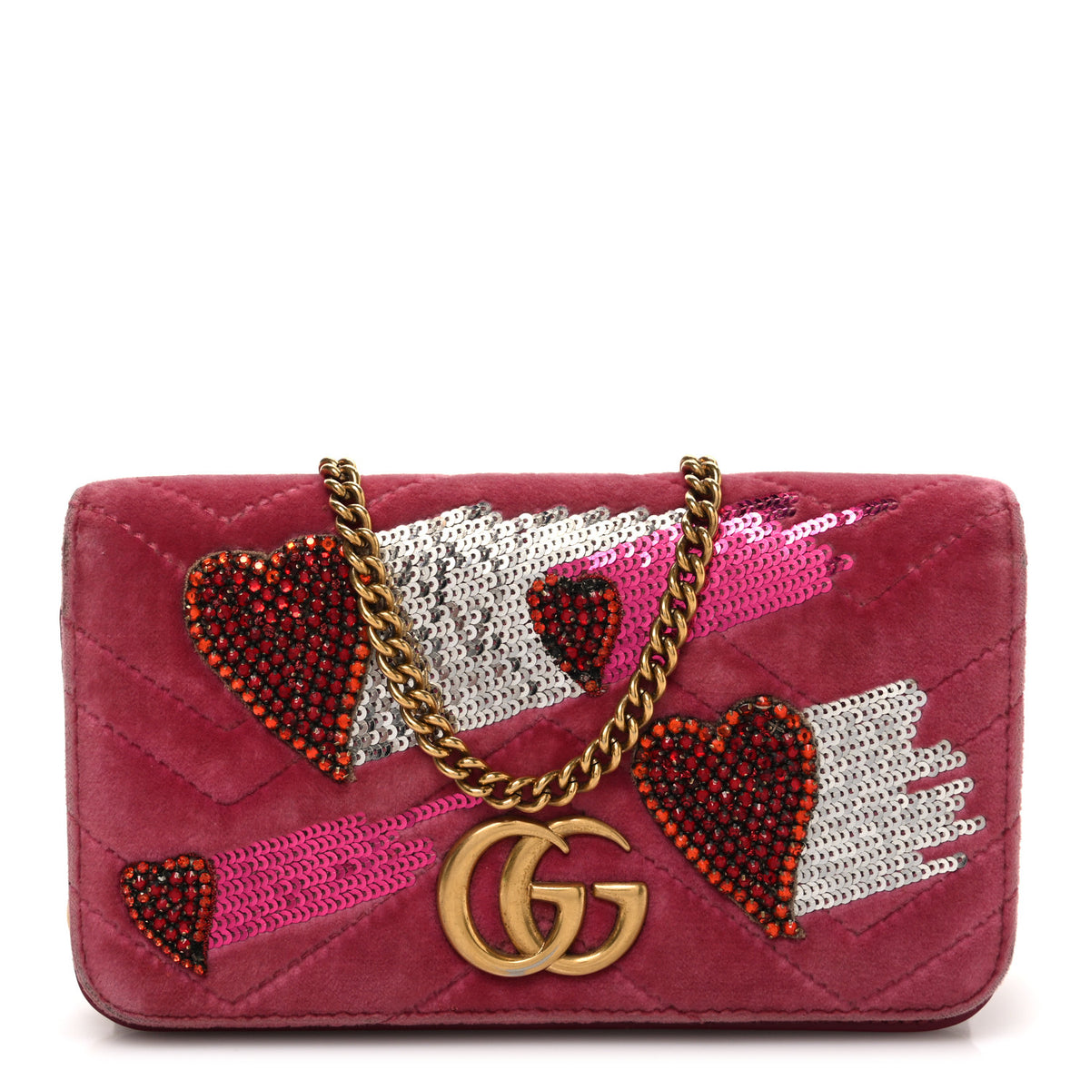 Gucci Velvet Matelasse Crystal Sequin Heart Embroidered GG Marmont Mini Bag Light Raspberry Rose 1 of 11