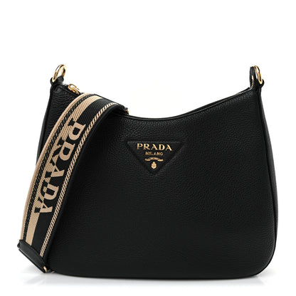 Prada Vitello Daino Soft Large Zippered Messenger Hobo Black 1 of 11