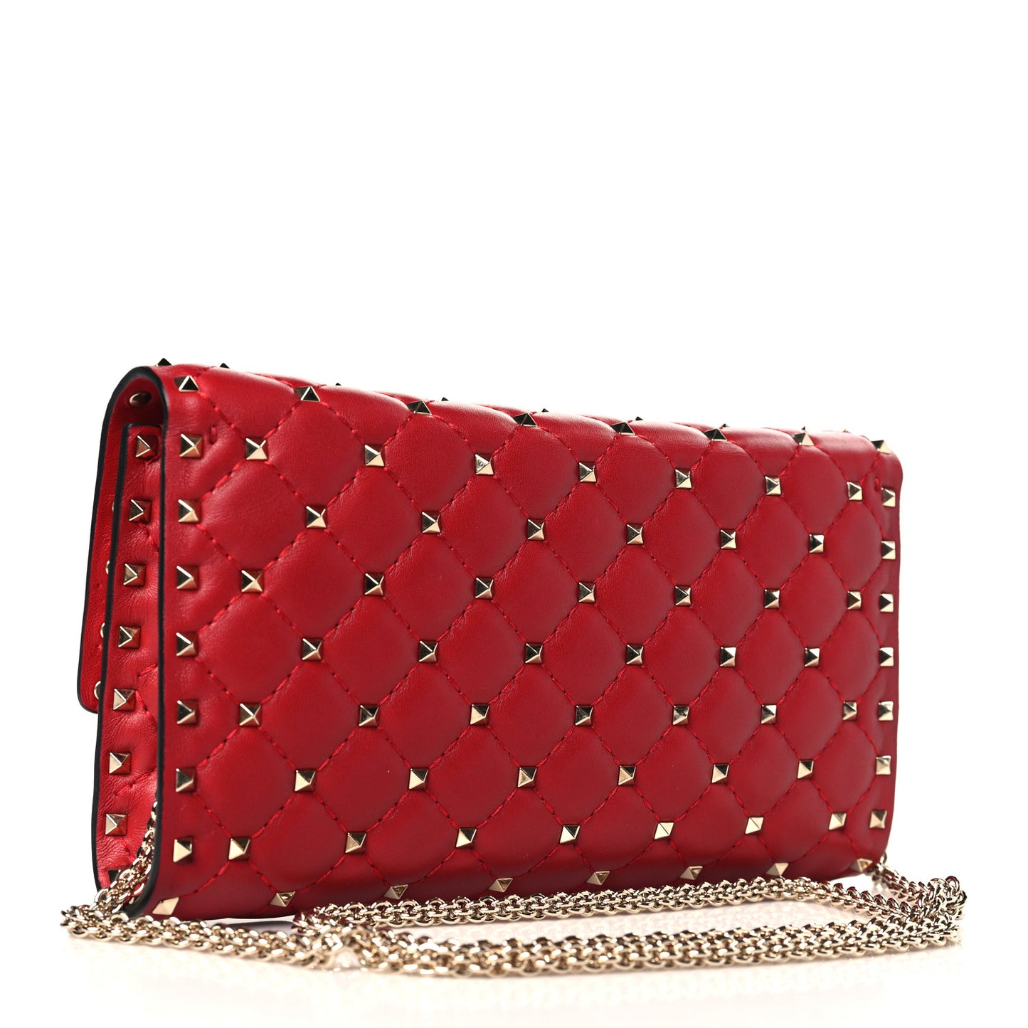 Lambskin Rockstud Spike Wallet on Chain Red