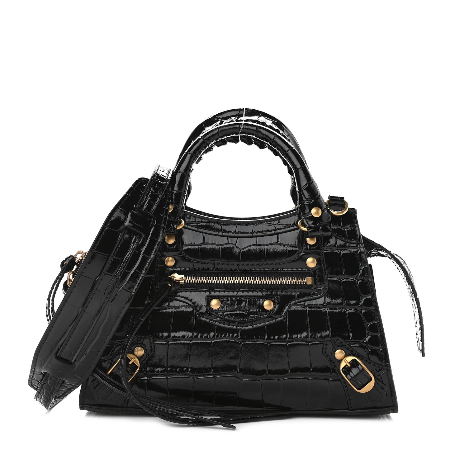 Shiny Supple Calfskin Crocodile Embossed Neo Classic Gold Hardware Mini City Black