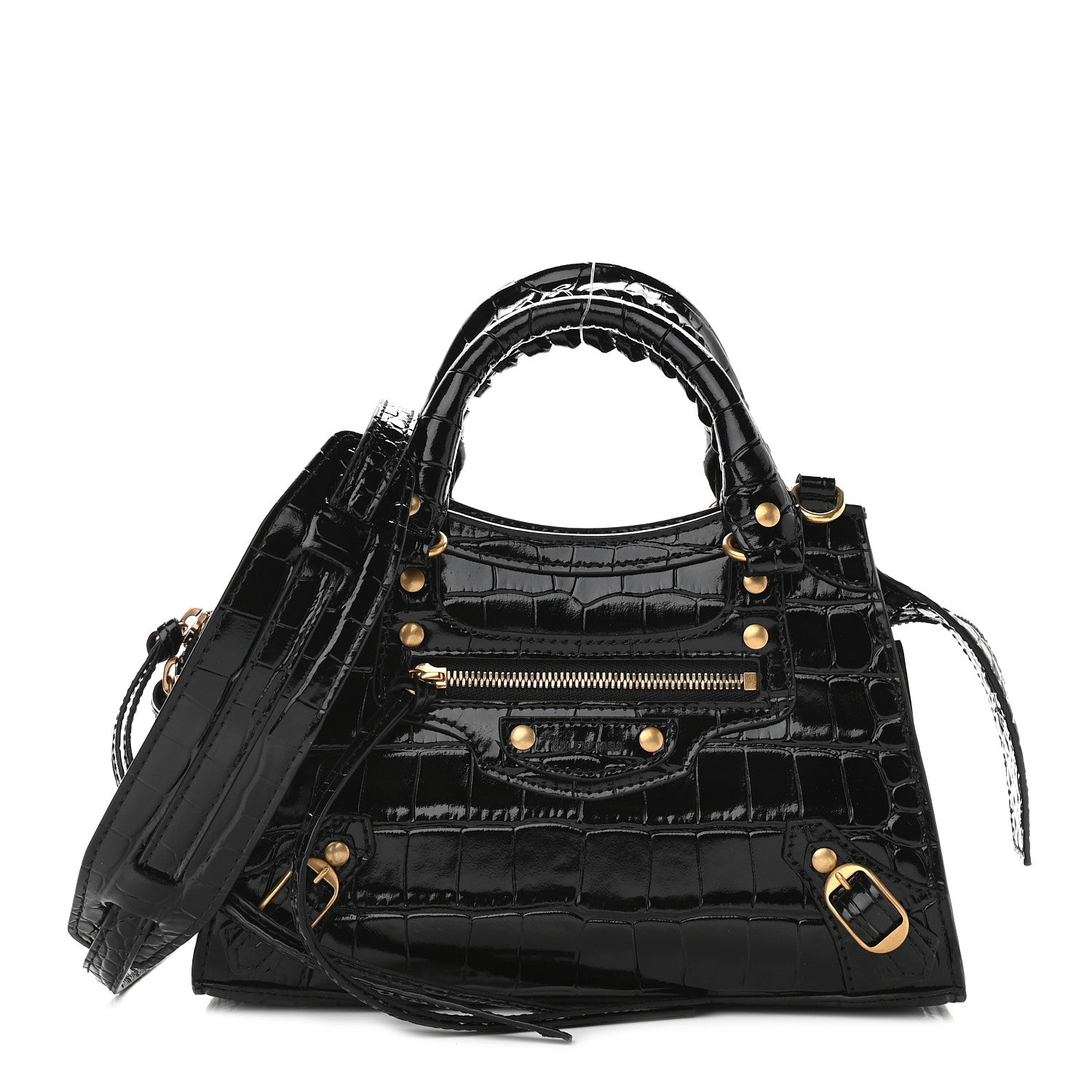 Balenciaga Shiny Supple Calfskin Crocodile Embossed Neo Classic Gold Hardware Mini City Black 1 of 8