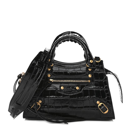Balenciaga Shiny Supple Calfskin Crocodile Embossed Neo Classic Gold Hardware Mini City Black 1 of 8