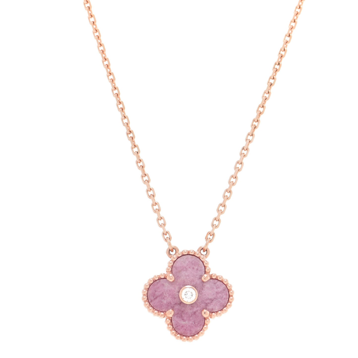 18K Rose Gold Diamond Rhodonite Vintage Alhambra Pendant Necklace