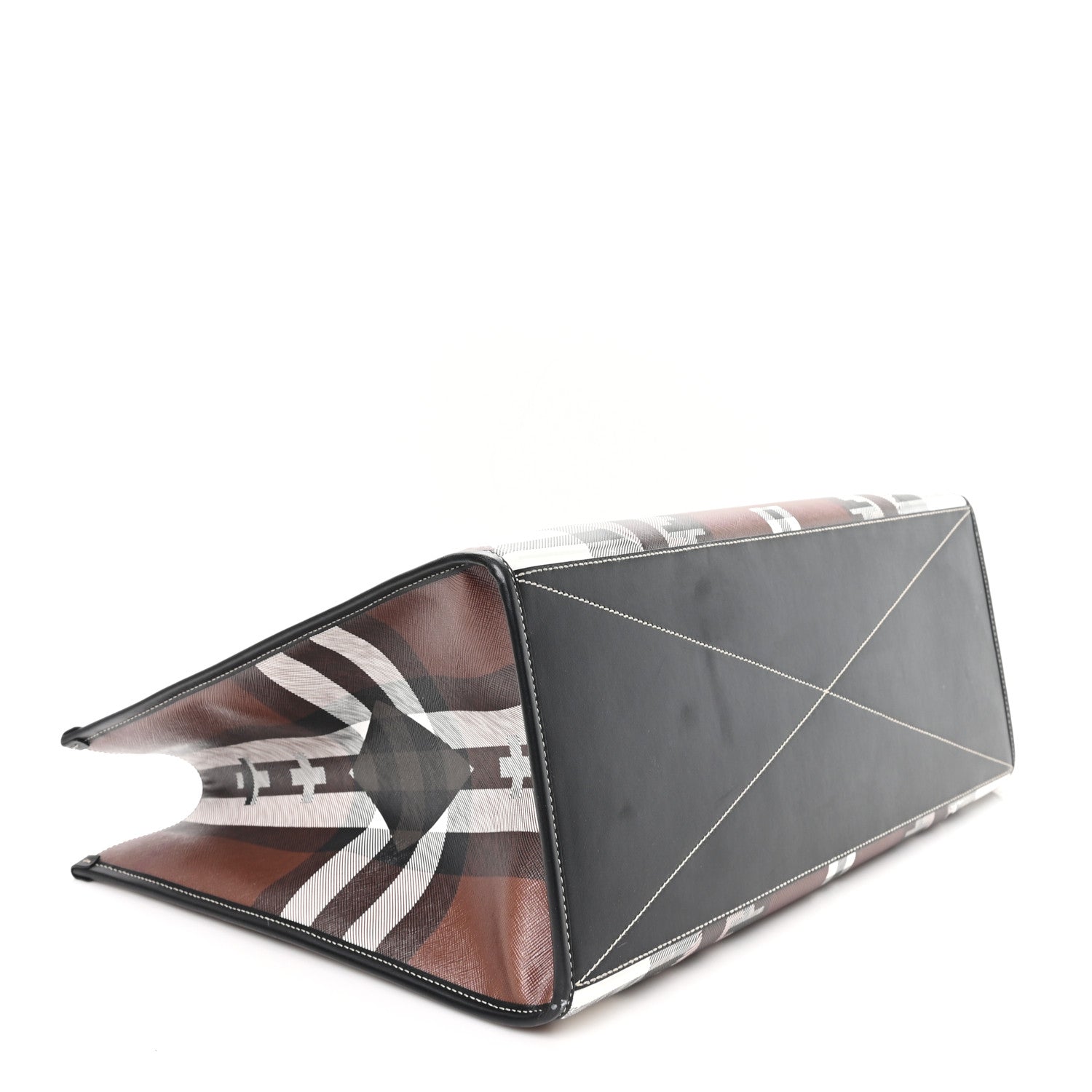 Burberry E-Canvas Calfskin Geometric Check Tote Hand Bag Brown White Black 4 of 10