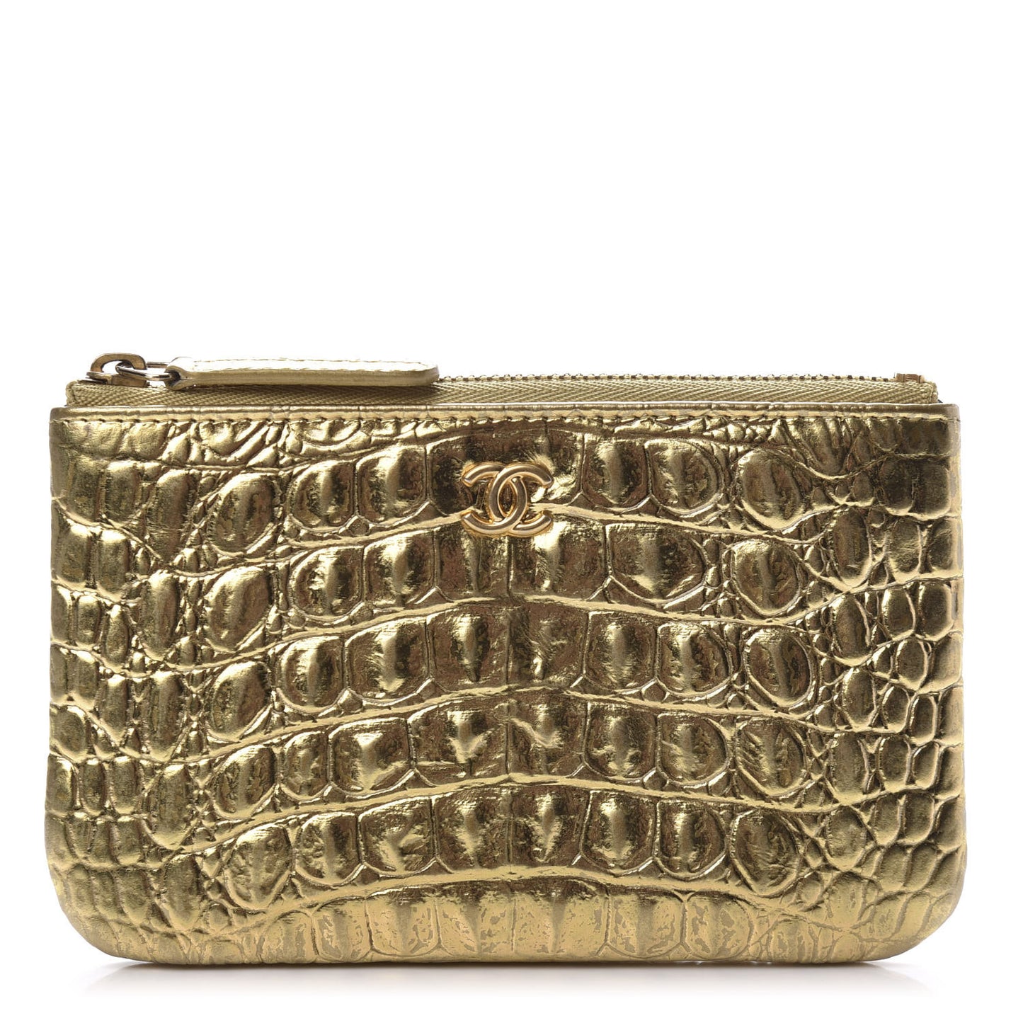 Metallic Calfskin Crocodile Embossed Cocodile Cosmetic Case Gold
