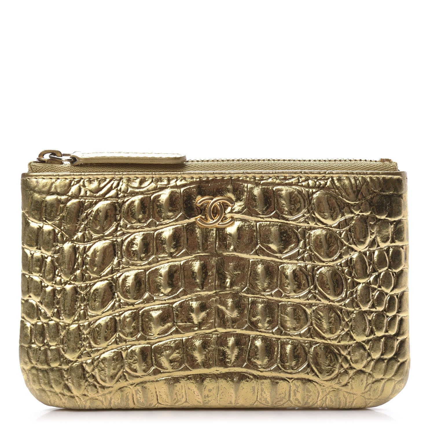 Chanel Metallic Calfskin Crocodile Embossed Cocodile Cosmetic Case Gold 1 of 8