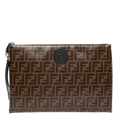 Fendi Glazed Fabric Vitello Century FF 1974 Stamp Patch Large Flat Pouch Mogano Panna Black 1 of 6