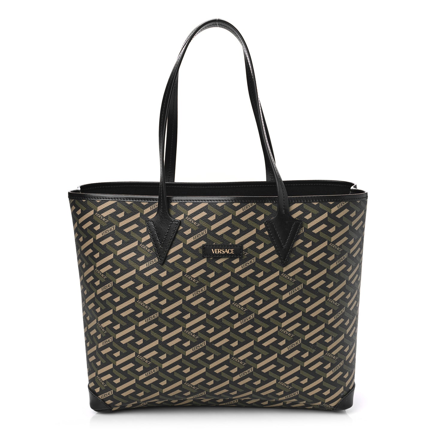 Coated Canvas Calfskin La Greca Signature Shopper Tote Bag Black Khaki
