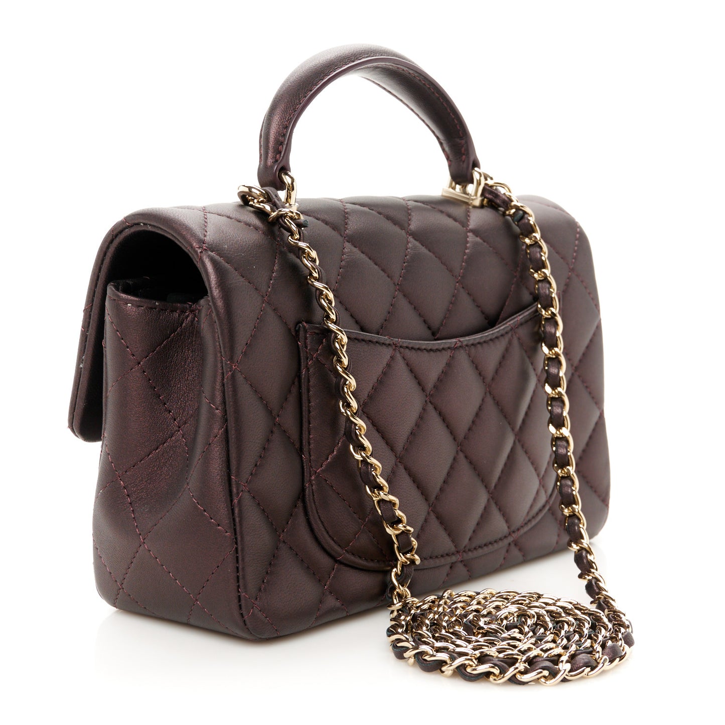 Iridescent Lambskin Quilted Mini Top Handle Rectangular Flap Burgundy