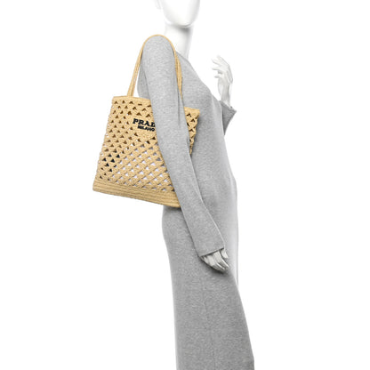 Prada Yarn Raffia Effect Embroidered Logo Tote Naturale 2 of 9