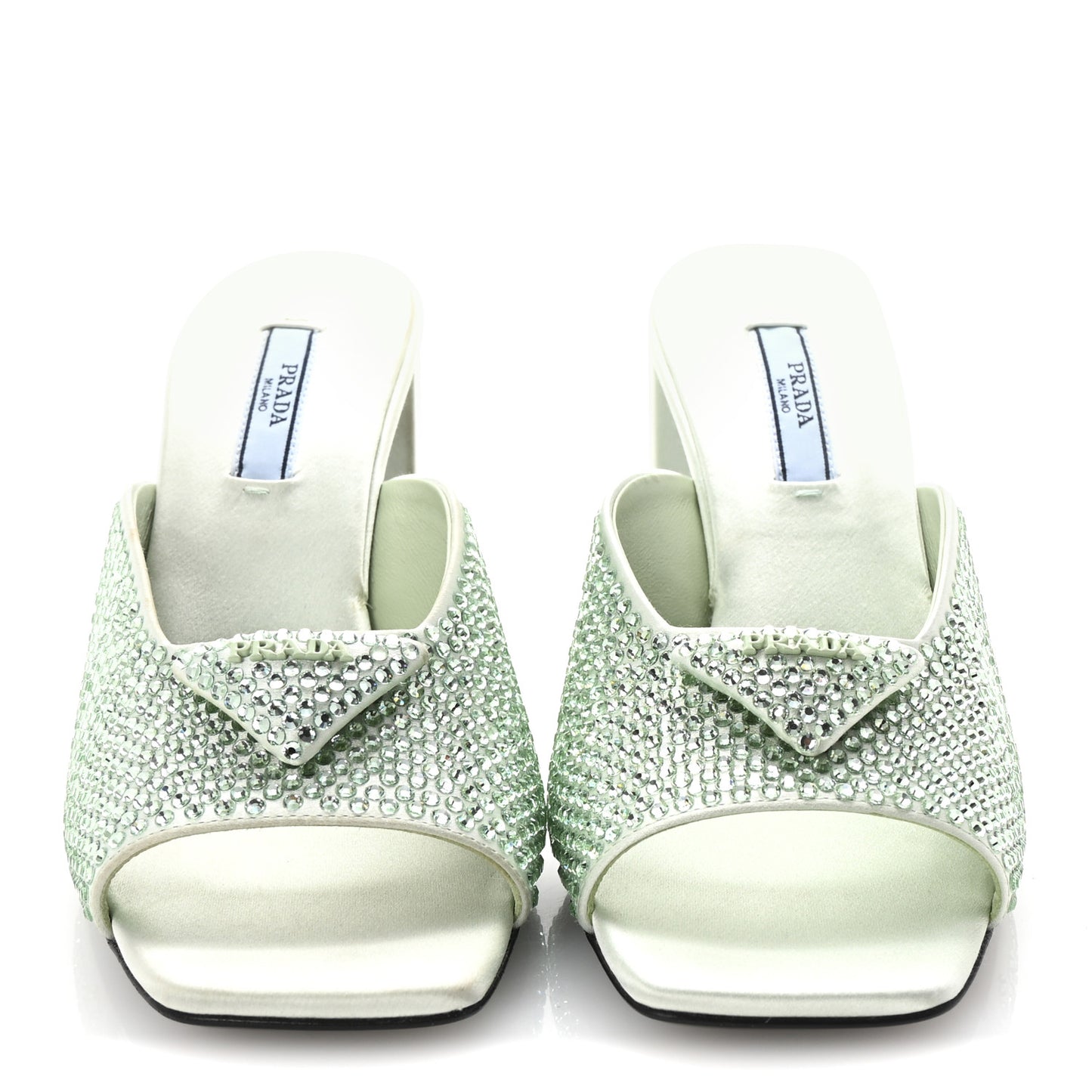 Satin Crystal Logo 90mm Slide Sandals 36.5 Acqua