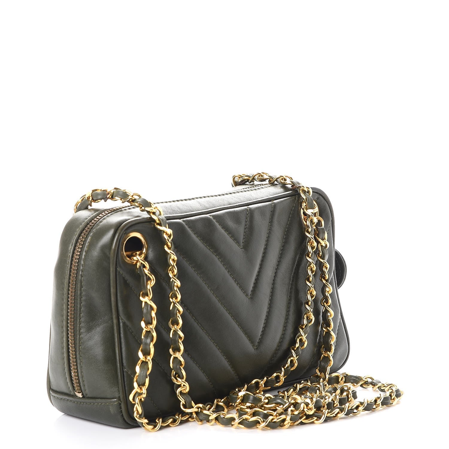 Chanel Lambskin Chevron Quilted Small Camera Case Green 3 of 9