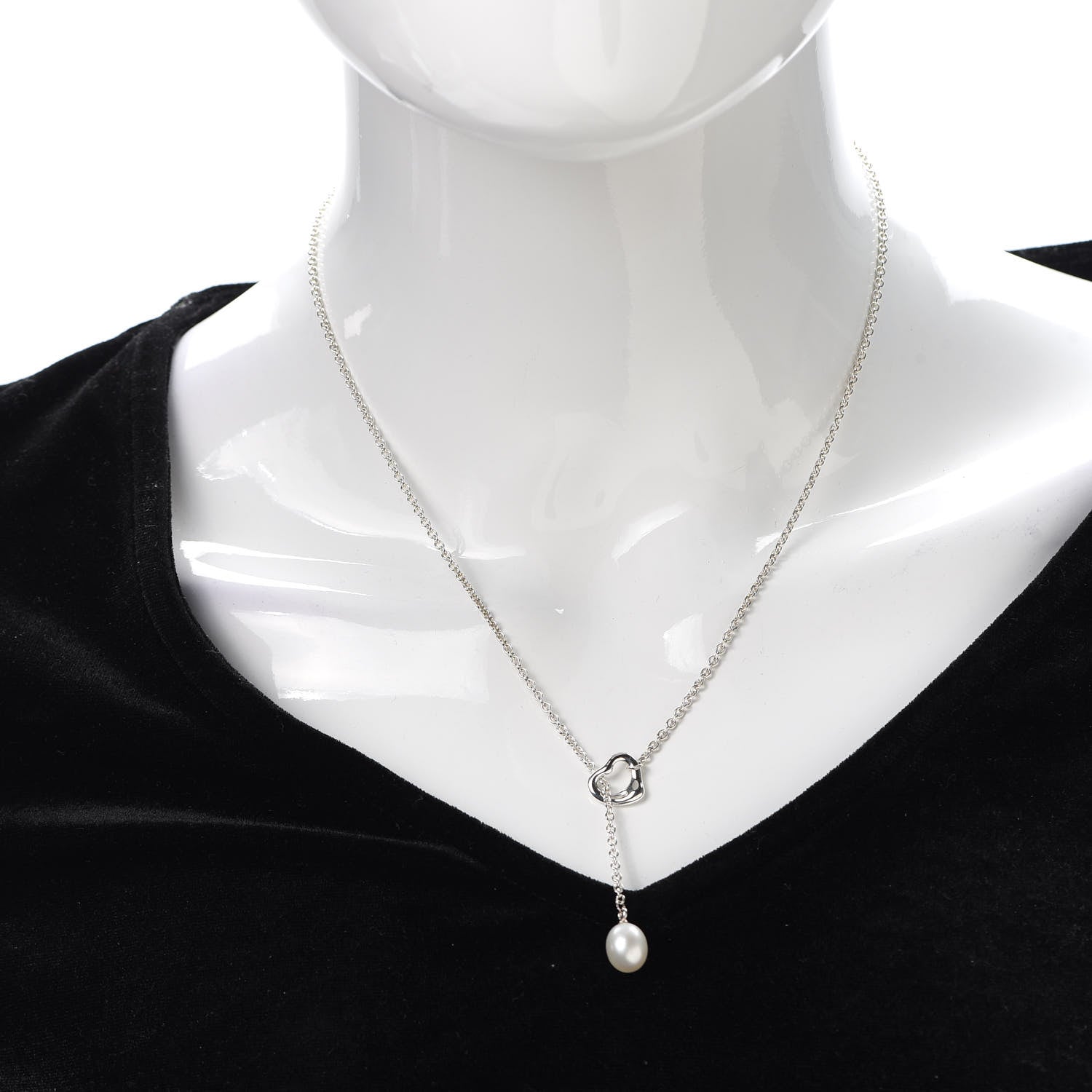 Tiffany Sterling Silver Pearl 9-9.5mm Elsa Peretti Open Heart Lariat Necklace 2 of 5