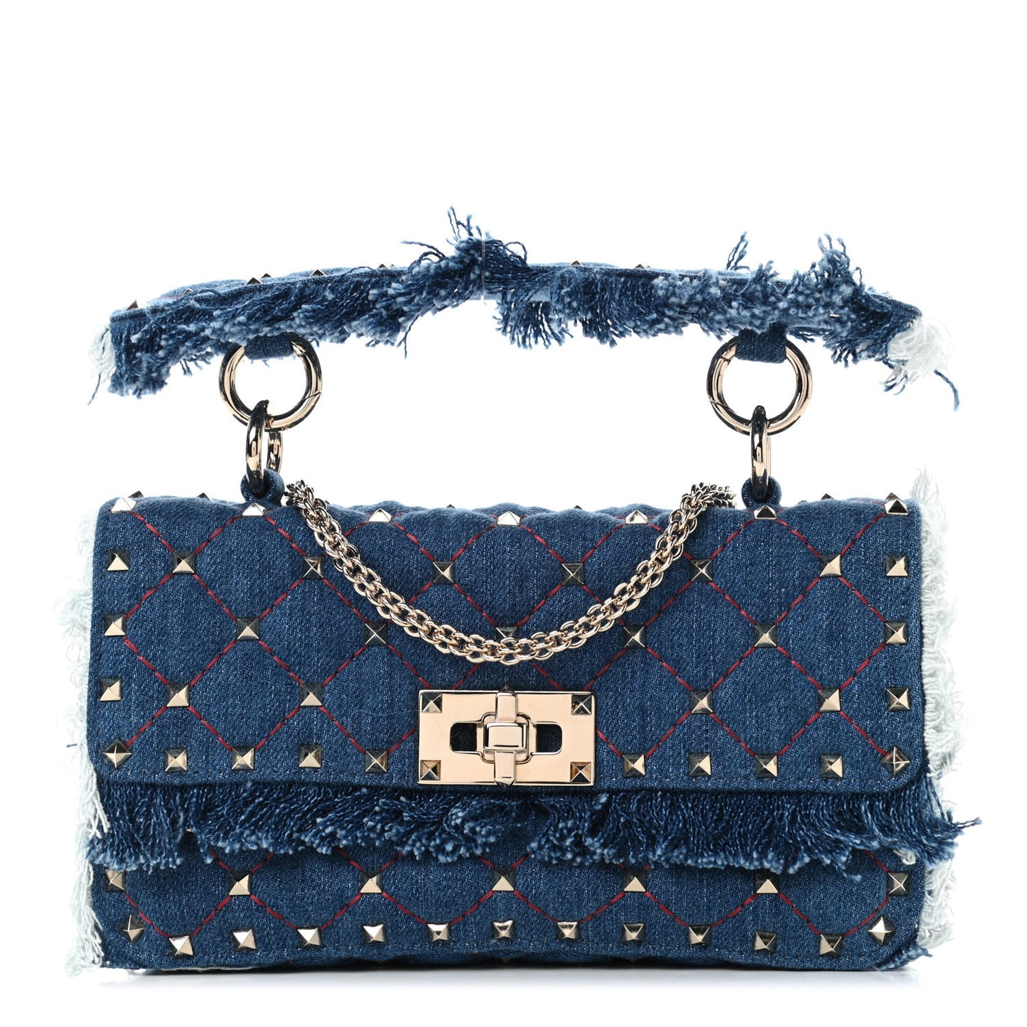 Denim Fringe Small Rockstud Spike Shoulder Bag Blue