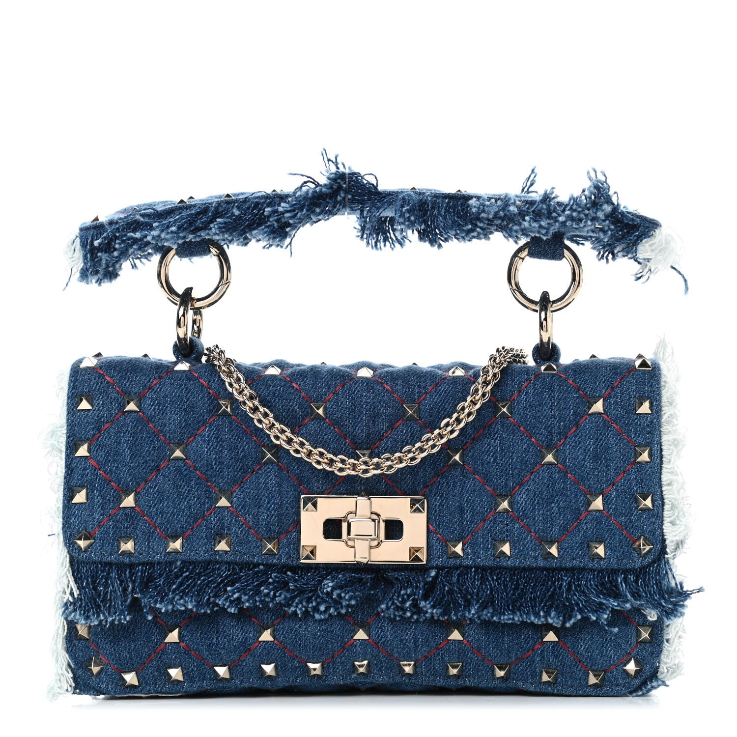 Valentino Garavani Denim Fringe Small Rockstud Spike Shoulder Bag Blue 1 of 4