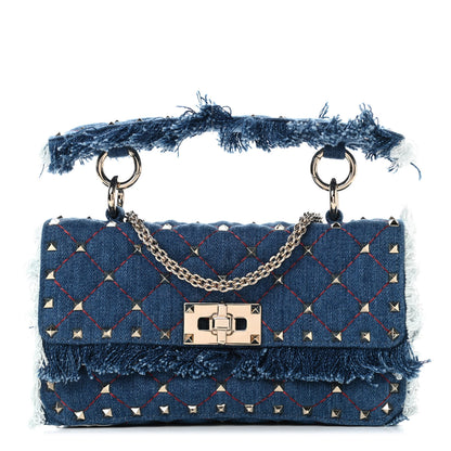Valentino Garavani Denim Fringe Small Rockstud Spike Shoulder Bag Blue 1 of 4