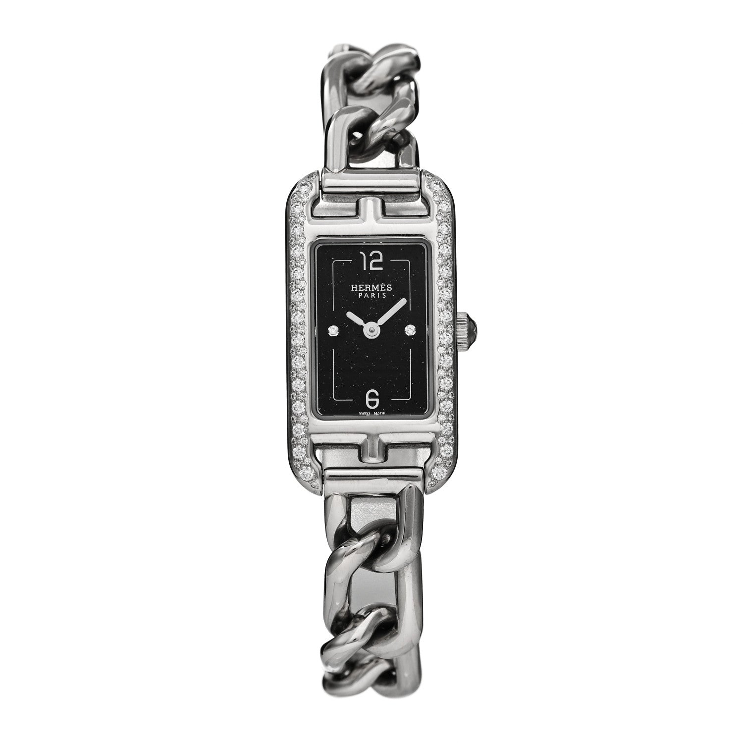 Hermes Stainless Steel Diamond Bezel 17mm Nantucket Quartz Watch Black 1 of 5