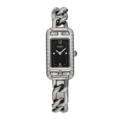 Hermes Stainless Steel Diamond Bezel 17mm Nantucket Quartz Watch Black 1 of 5