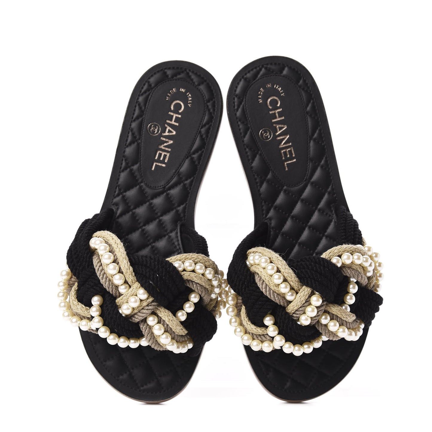 Lambskin Pearl Cord CC Mules 38 Black Beige