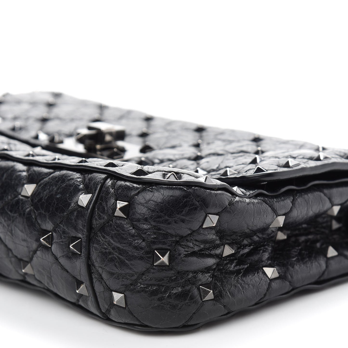 Craquele Nappa Small Rockstud Spike Shoulder Bag Black