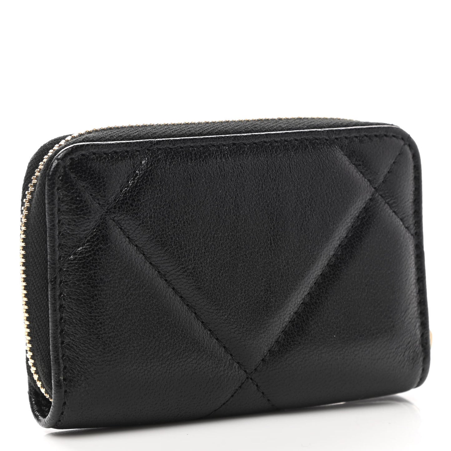 Shiny Goatskin Quilted Chanel 19 Zip Around Coin Purse Wallet Black