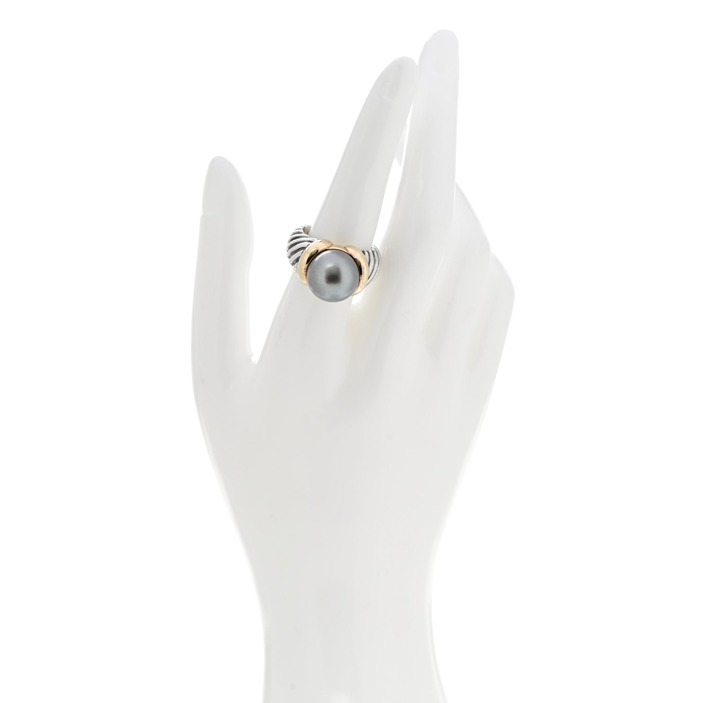 Sterling Silver 18K Yellow Gold Tahitian Pearl 13mm Cable Ring 57 8
