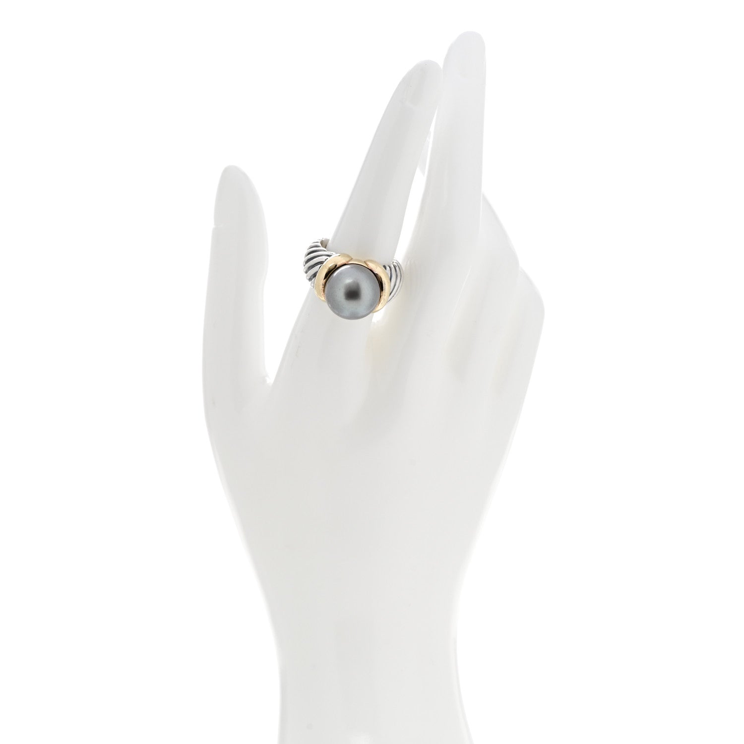 David Yurman Sterling Silver 18K Yellow Gold Tahitian Pearl 13mm Cable Ring 57 8 2 of 5