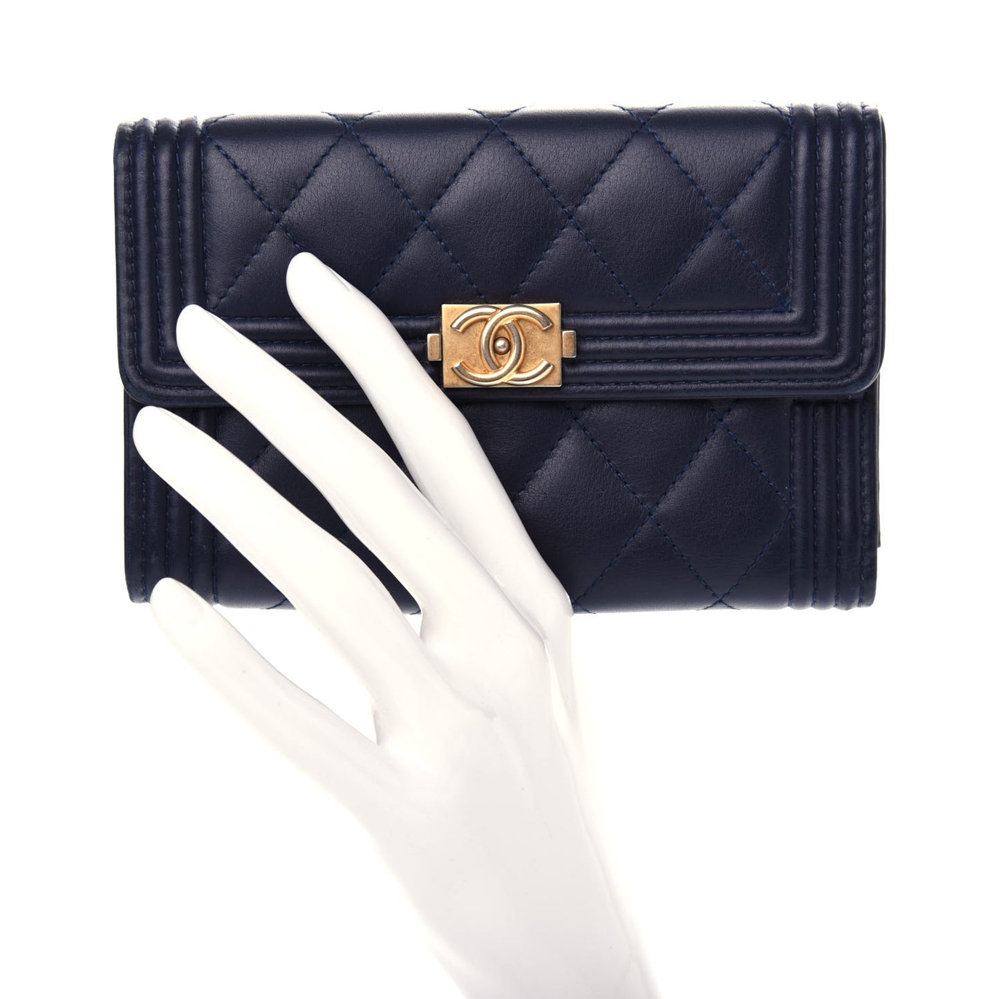 Lambskin Quilted Medium Boy Flap Wallet Navy