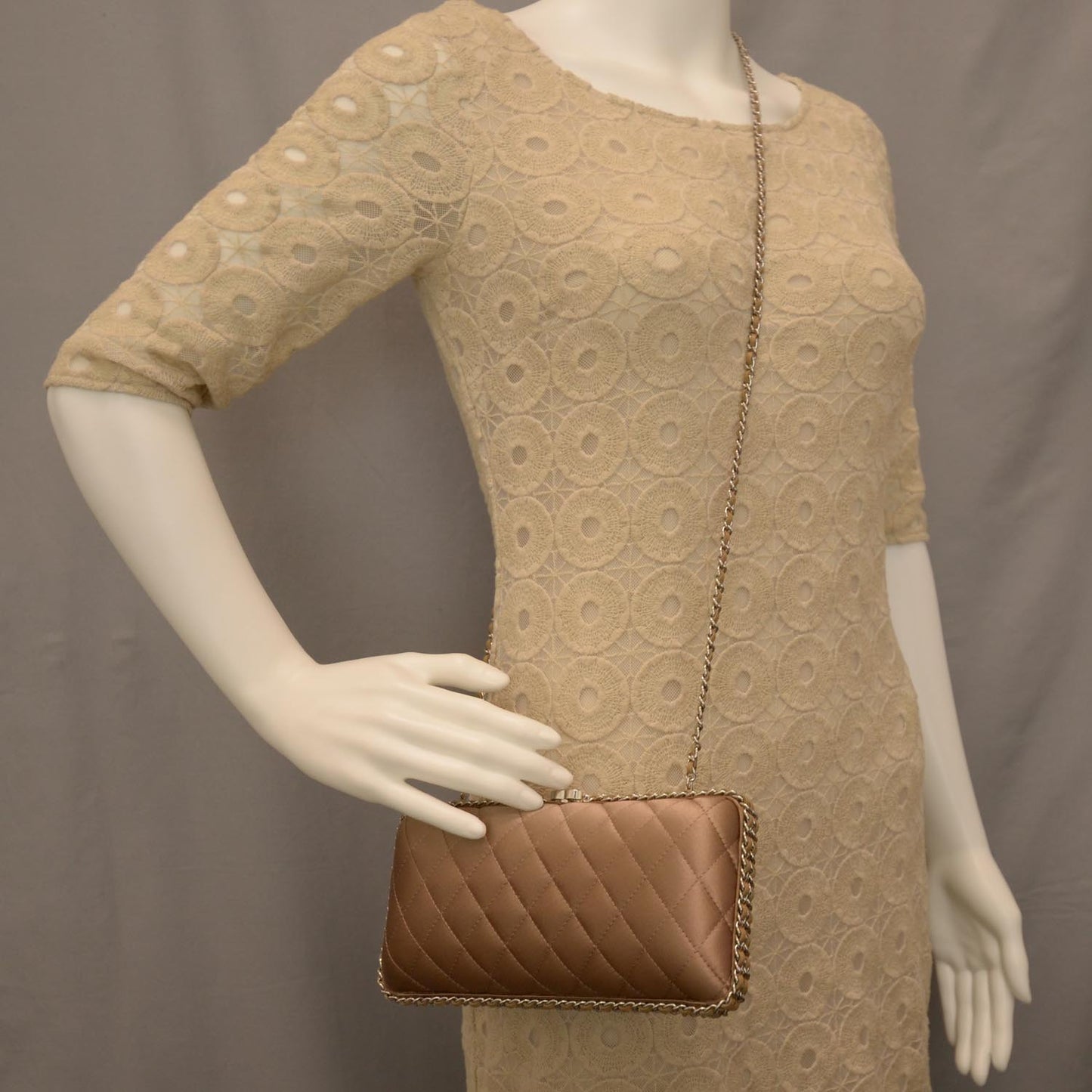 Satin Quilted Chain Around Clutch Beige