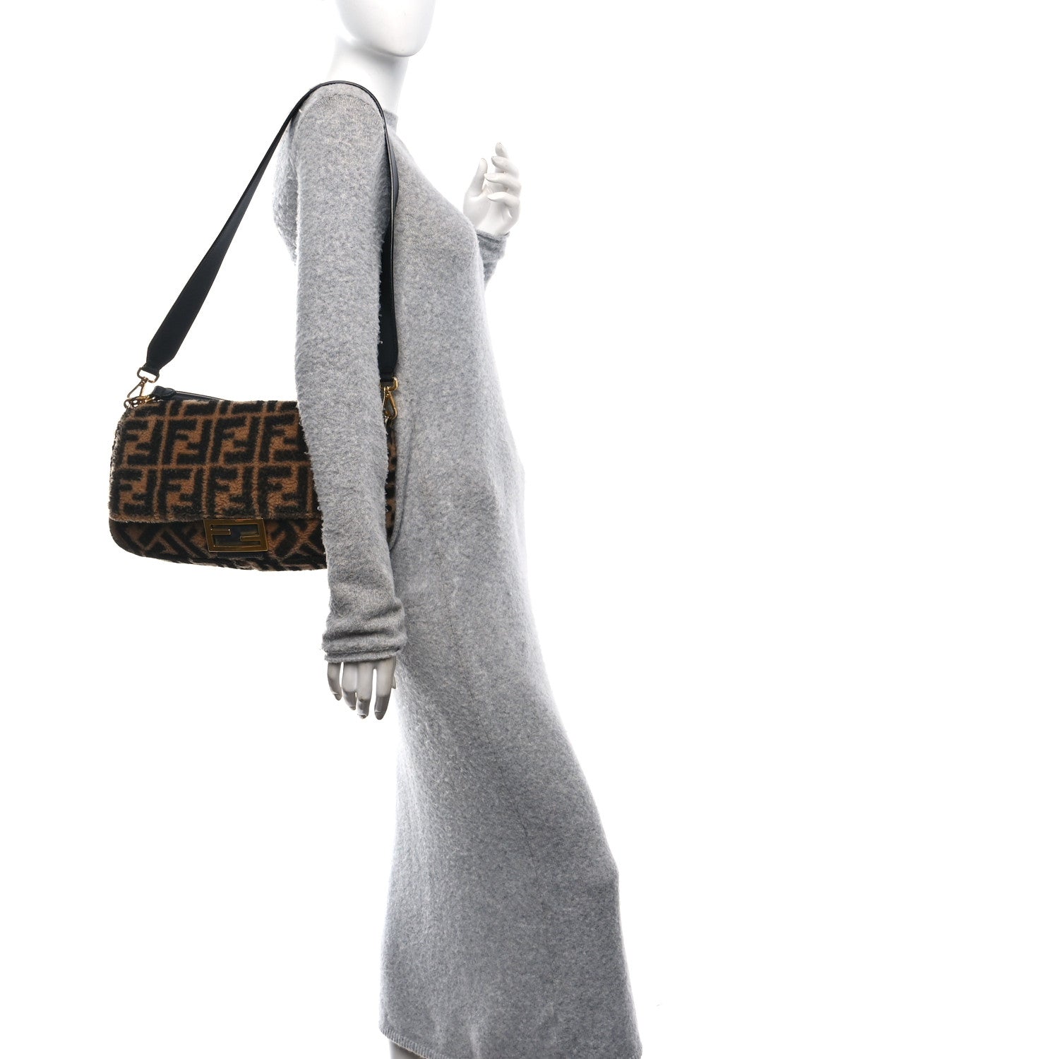 Fendi Shearling Vitello Dolce Macro FF 1974 Large Baguette Tobacco Black 2 of 11